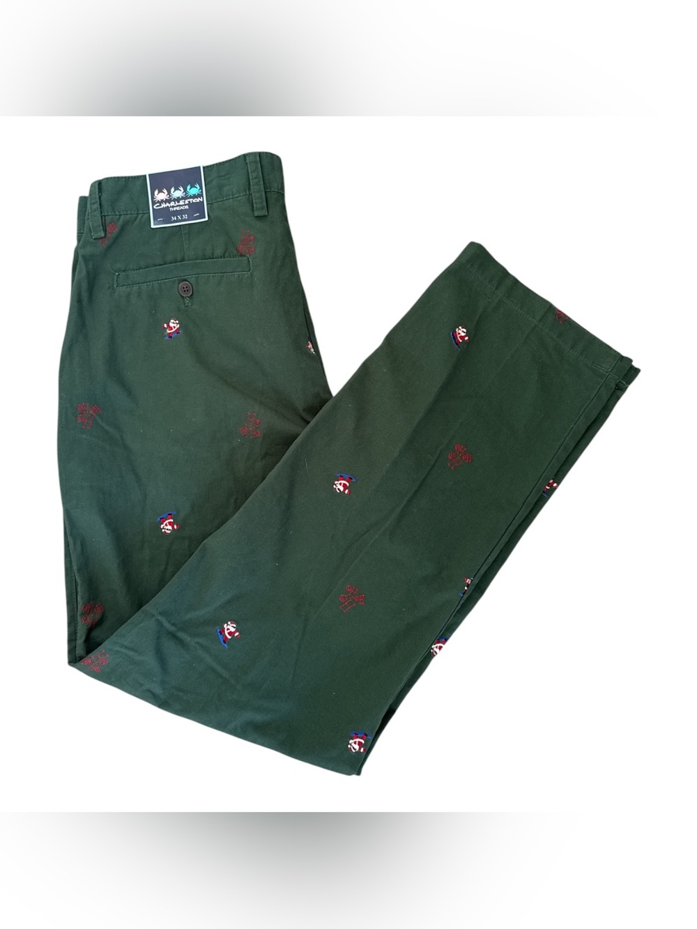 NWT Charleston Threads Green Santa Embroidered Men's Chino Pants